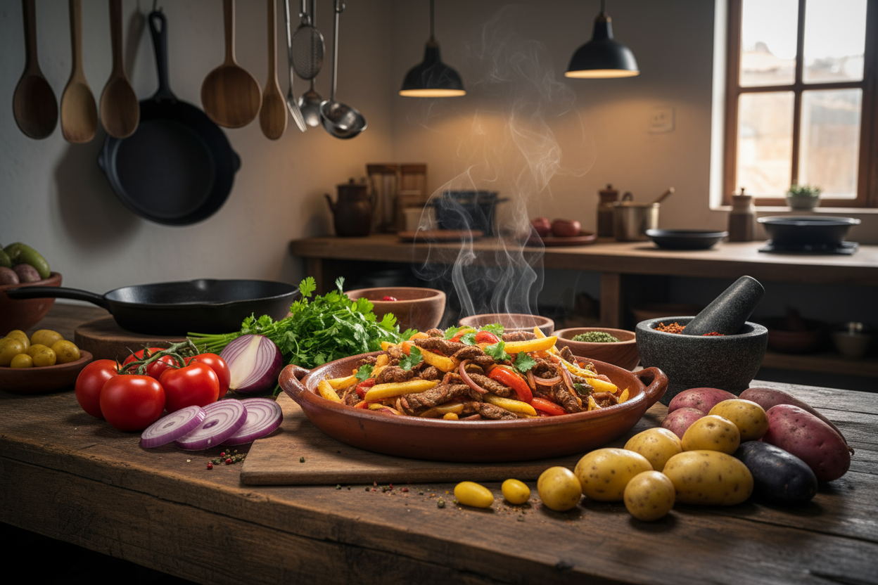 give a me a peruvian kitchen with produce and some lomo saltado dish with a gray flter on top of the picture some kitchen tools